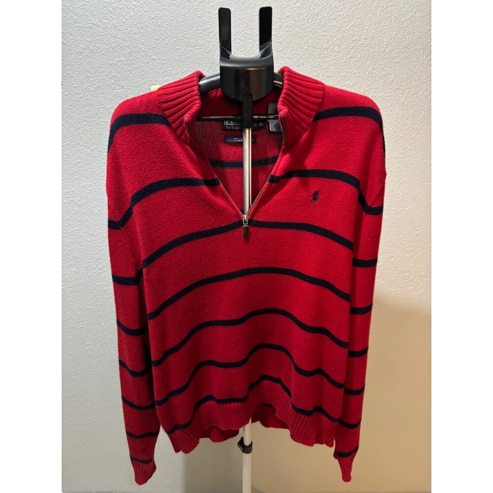 EUC - Mens Polo Ralph Lauren Red & Navy Long Sleeve Sweater - striped Size XL